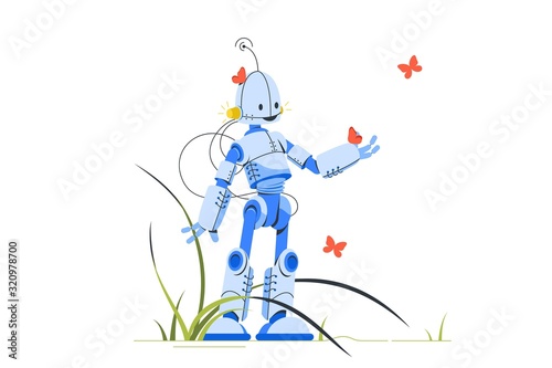 Happy humanoid robot standing in midst of butterflies.