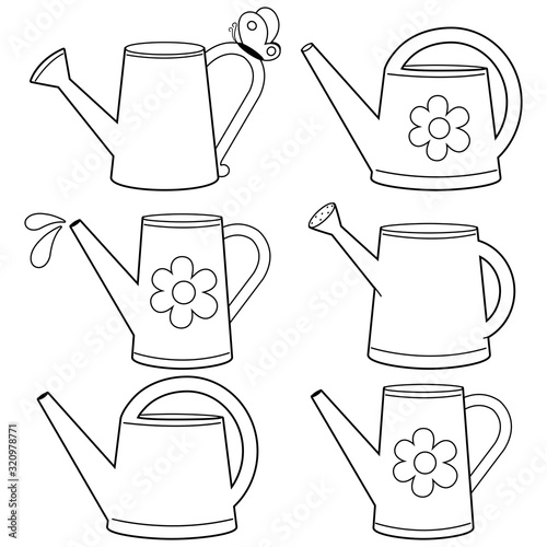 Watering cans set. Vector black and white coloring page