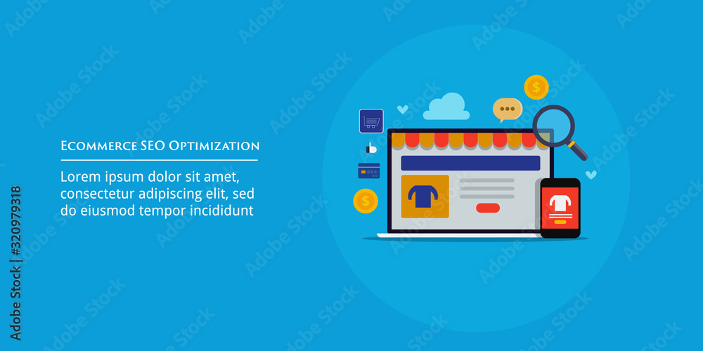 Online shopping, ecommerce store, seo strategy for ecommerce website, optimization, digital marketing and sales, mobile shooping cart concept. Web banner template, presentation. Online shopping, ecommerce store, seo strategy for ecommerce website, optimization, digital marketing and sales, mobile shooping cart concept. Web banner template, presentation.