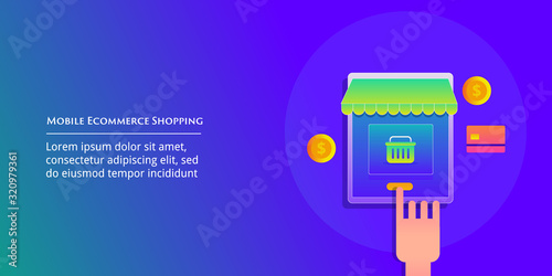 Mobile e-commerce, online shopping, customer purchasing from an online store via tablet device, digital payment concept. Web banner template, presentation.