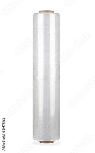 Roll of polyethylene packaging film on a cardboard coil in a vertical position with smooth highlights, isolated on a white background. Side view.
