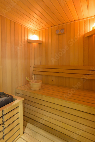 Swedish sauna interior in hotel wellness center