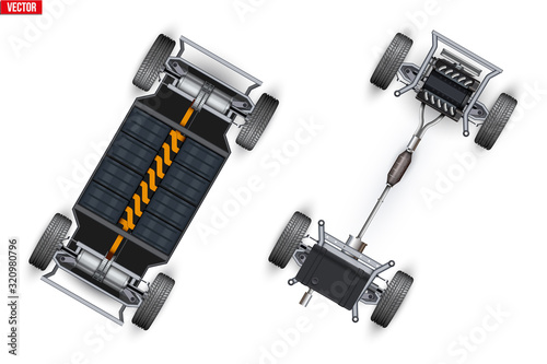 Set of Car rolling Chassis. Unibody and Electric types. Vehicle chassis with engine and battery. Front wheel drive under body car. Vector Illustration isolated on white background.
