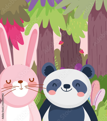 Fototapeta Naklejka Na Ścianę i Meble -  little panda and rabbit cartoon character forest foliage nature landscape