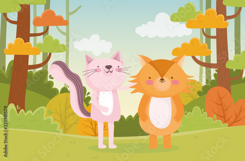 cute fox and cat in the forest nature landscape