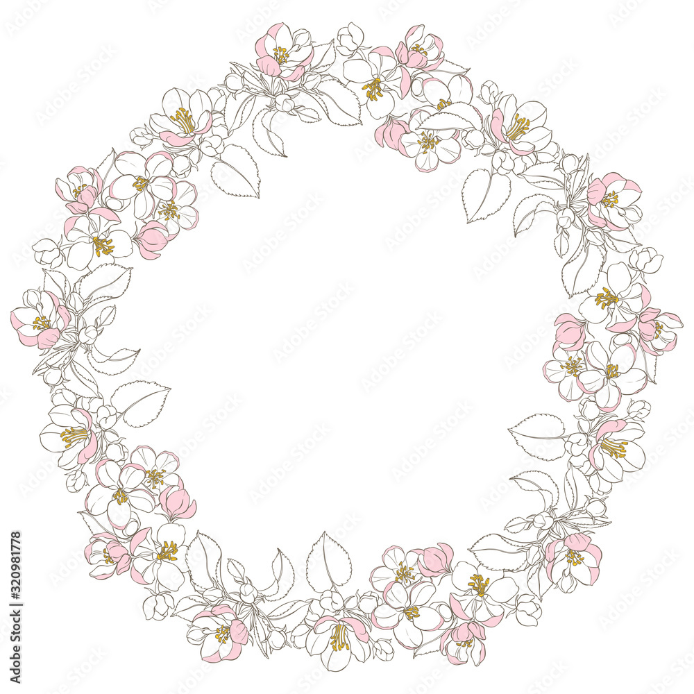 Round vector frame with blooming apple tree branches on white. Illustration with place for text, can be used creating card, menu or invitation card.