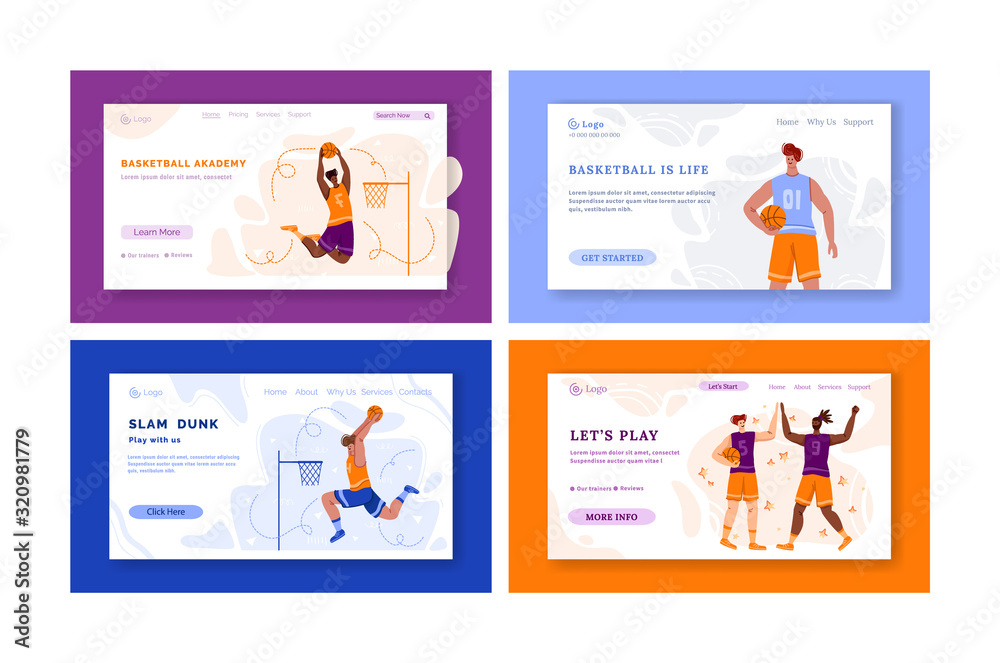 Landing page - basketball players with ball and copy space, text place, muscular athletic men in sport uniform, basketball team train game, banner set for sport academy, website, flat people - vector
