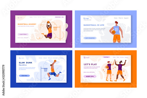 Landing page - basketball players with ball and copy space, text place, muscular athletic men in sport uniform, basketball team train game, banner set for sport academy, website, flat people - vector