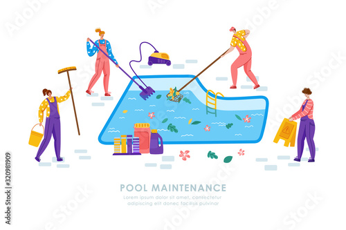 Pool maintenance or cleaning service, group of people in uniform, cleaning products for swimming pool, workers with equipment - test water, net, broom, flat vector for website, landing page, banner
