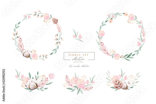 Watercolor floral wreath and bouquet frame illustration with cotton balls peach color, white, pink, vivid flowers, green leaves, for wedding stationary, greetings, wallpapers, background, 