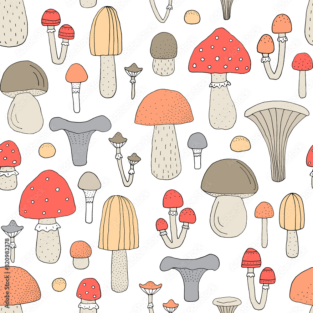 Seamless texture with forest mushrooms and hand drawn elements