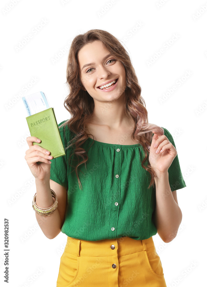 Beautiful female tourist on white background Beautiful female tourist on white background