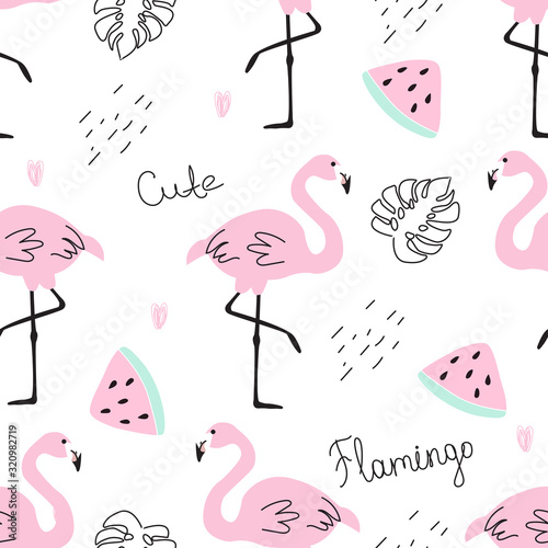 Seamless pattern with pink Flamingo and fruit. Vector illustration for printing on fabric, tableware, Wallpaper, postcard, banner. Cute children's background.