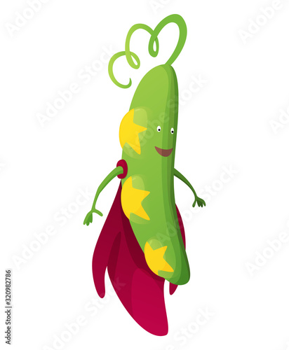 Vector vegetable cartoon character of superhero expression. Funny personage of cucumber. Vegetarian diet. Isolated on white background
