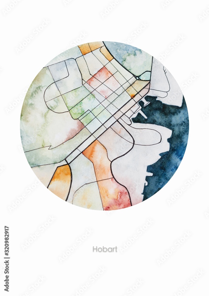 watercolour painting of Hobart CBD, Australia watercolour painting of Hobart CBD, Australia