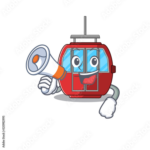 A mascot of ropeway speaking on a megaphone