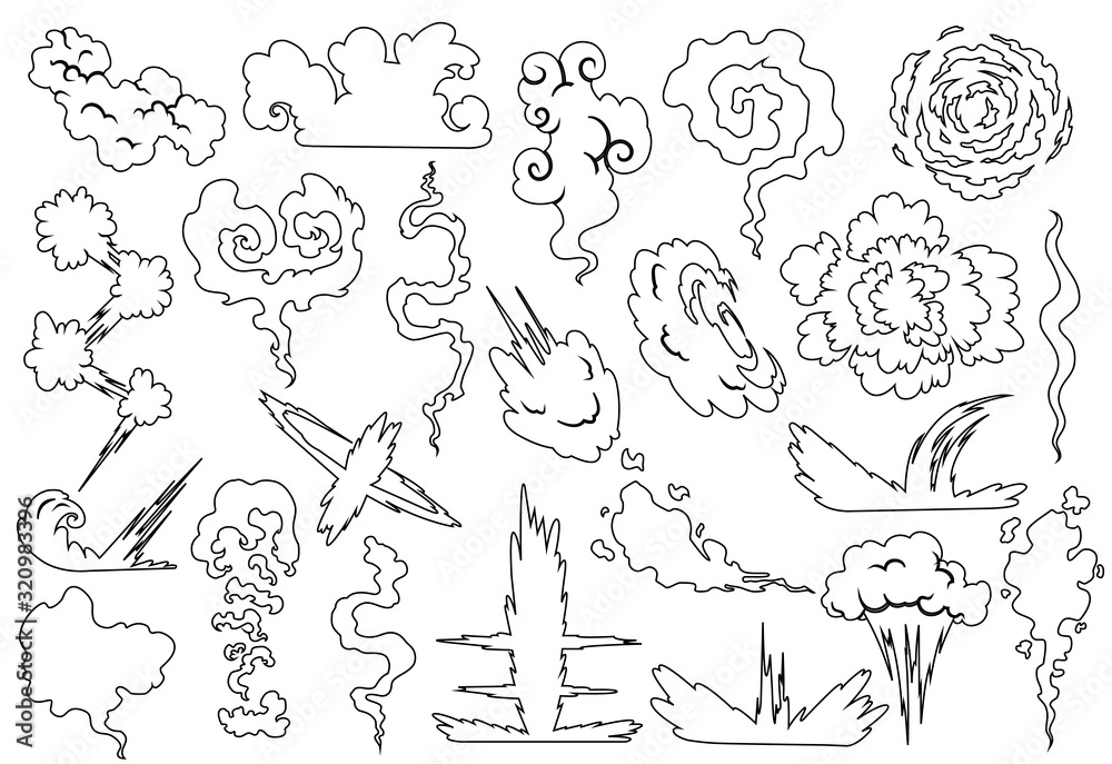 Fototapeta premium Explosion with smoke cloud. Fog flat isolated clipart for advertising posters, effects and design. Cartoon white smoke. Vector illustration. Sketch style