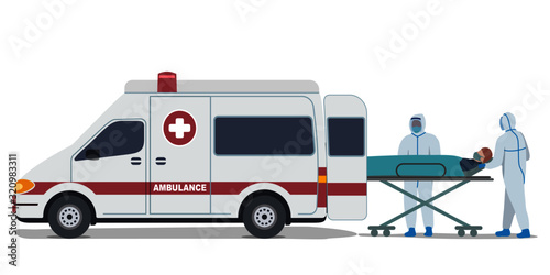Man in protection suit Moving an infected patient into ambulance car