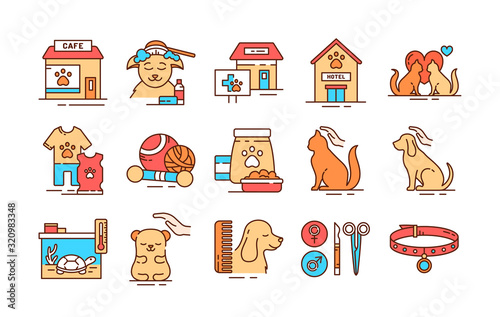 Pet care color line icons set. Providing great services for pets. Improving their life. Pictogram for web page, mobile app, promo. UI UX GUI design element. Editable stroke.