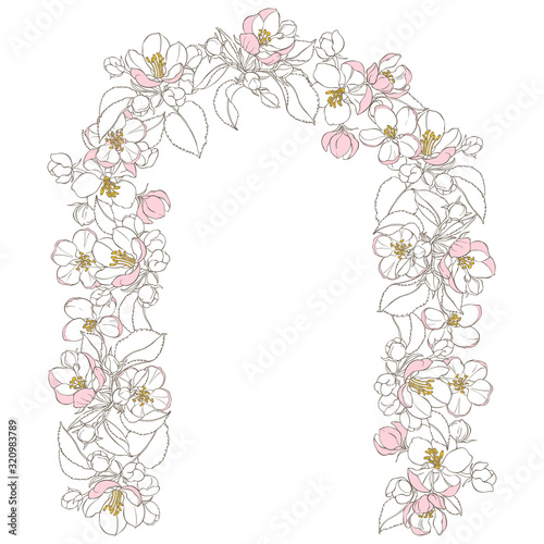Romantic arch frame with blooming apple tree branches and place for text on white. Invitation, greeting card or an element for your design for wedding, party.