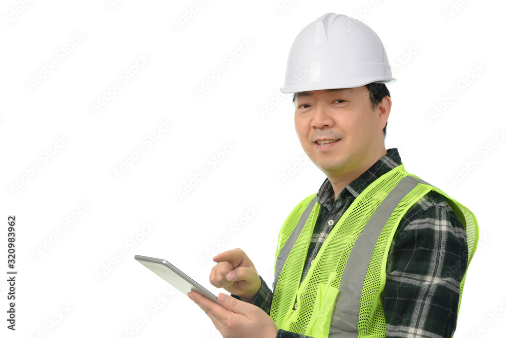 Middle-aged Asian engineer using tablet PC on a white background. Middle-aged Asian engineer using tablet PC on a white background.