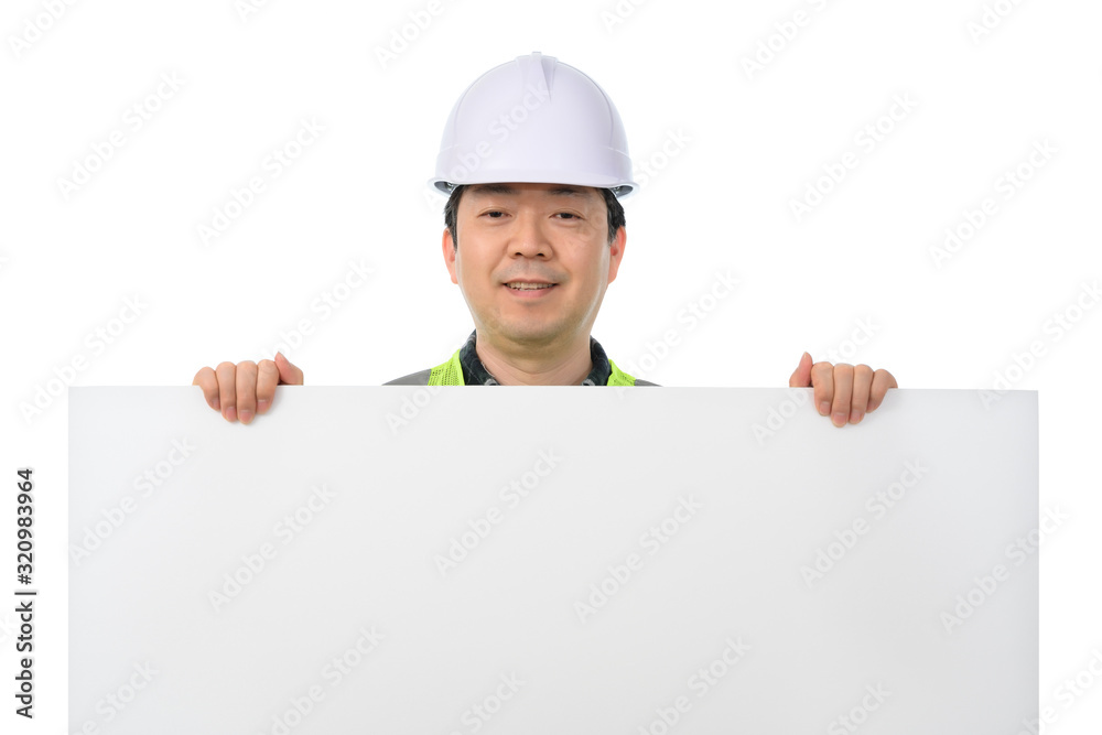 An Asian engineer holding a blank message board. An Asian engineer holding a blank message board.