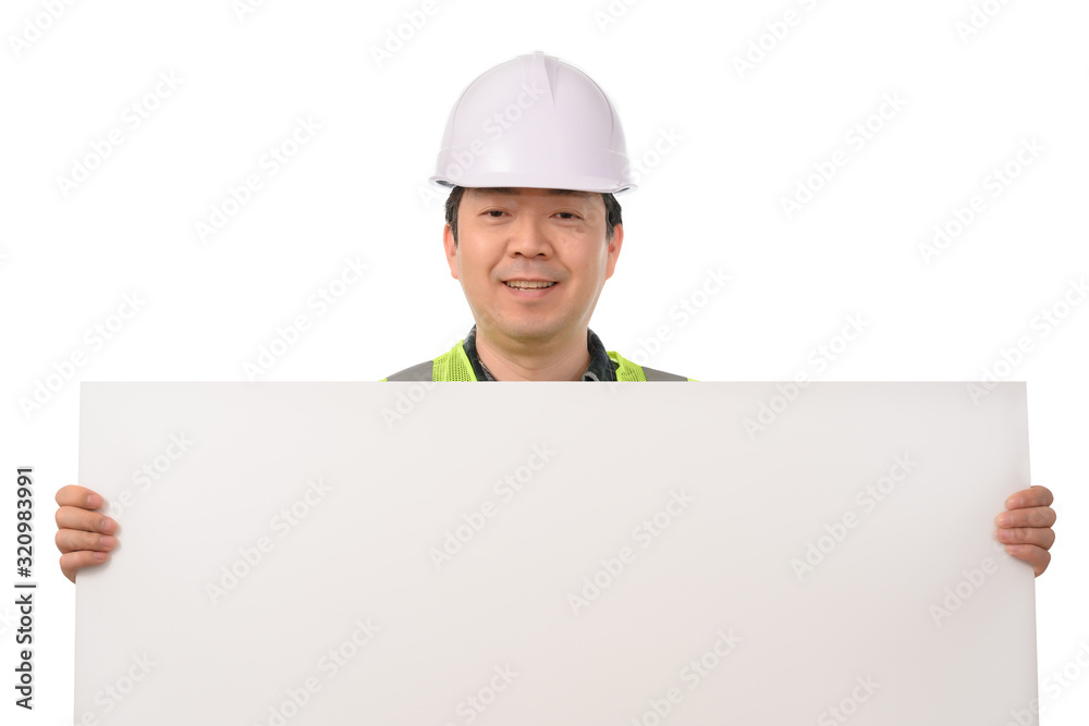 An Asian engineer holding a blank message board. An Asian engineer holding a blank message board.