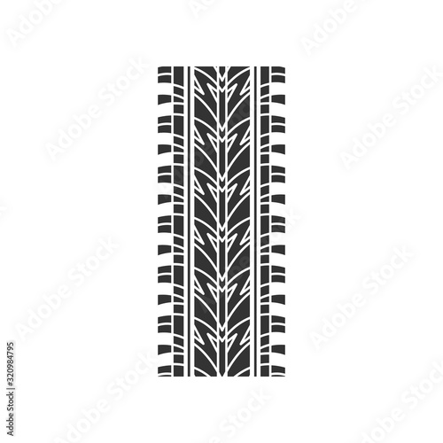 Tire print black glyph icon. Detailed automobile, motorcycle street tyre marks. Car summer wheel trace with thin grooves. Tire trail. Silhouette symbol on white space. Vector isolated illustration
