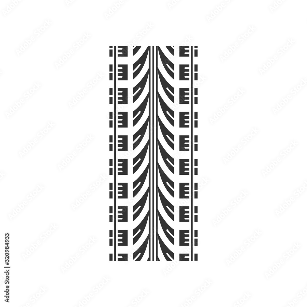 Wheel traces black glyph icon. Detailed automobile, motorcycle street tyre marks. Car summer wheel print. Vehicle tire trail. Silhouette symbol on white space. Vector isolated illustration