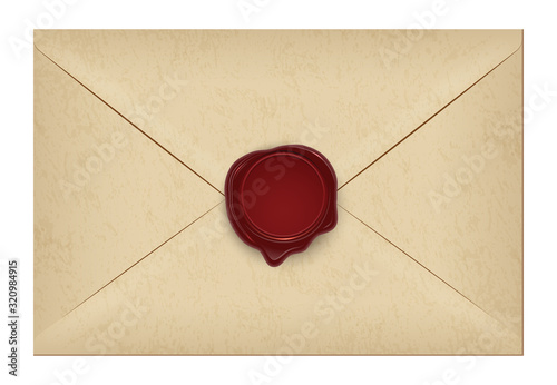 Realistic closed vintage old aged letter envelop with round dark red wax seal stamp. Paper parchment. Ancient postage symbol collection. Post object isolated on white. Vector illustration. photo