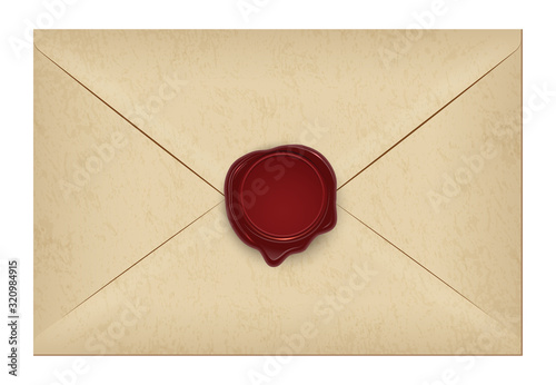 Realistic closed vintage old aged letter envelop with round dark red wax seal stamp. Paper parchment. Ancient postage symbol collection. Post object isolated on white. Vector illustration.
