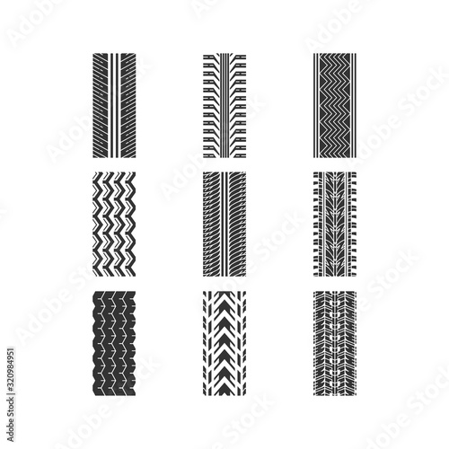 Track traces black glyph icons set on white space. Detailed automobile, motorcycle, bike tyre marks. Car summer and winter wheel trace. Tire trail. Silhouette symbols. Vector isolated illustration