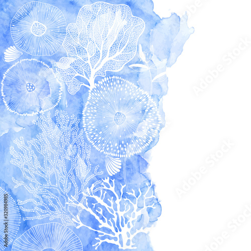 Abstract background on a marine theme with a blue watercolor element and place for text. Vector. Perfect for greeting cards and invitations.