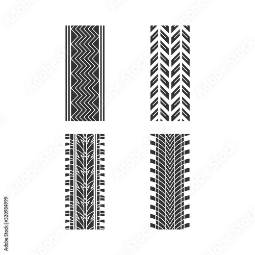 Tire patterns black glyph icons set on white space. Detailed automobile, motorcycle, bike tyre marks. Car summer and winter wheel trace. Tire trail. Silhouette symbols. Vector isolated illustration