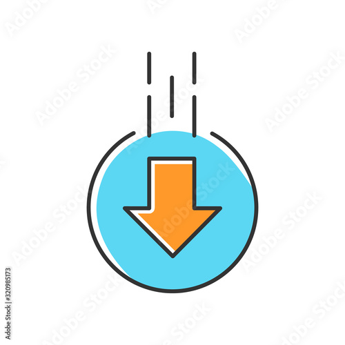 Down arrow in circle blue and orange RGB color icon. Moving arrowhead in round shape. Mobile app page browsing indicator. Website pointer. Web cursor. Scrolldown button. Isolated vector illustration