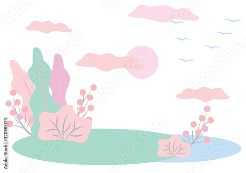 abstract landscape with sun and trees. Birds are flying. Modern flat pastel vector illustration isolated on white background.