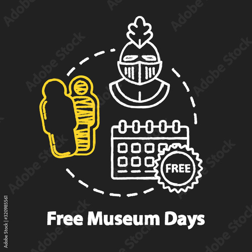 Free museum days chalk RGB color concept icon. Admission discounts, inexpensive guided tours idea. Budget travel pastime. Vector isolated chalkboard illustration on black background