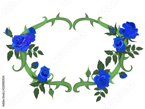Oval frame of thorns and blue roses isolated on a white background. Vector graphics.