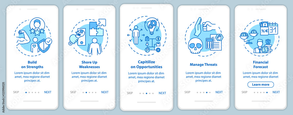 Building up strength onboarding mobile app page screen with concepts. Taking opportunities walkthrough 5 steps graphic instructions. UI vector template with RGB color illustrations