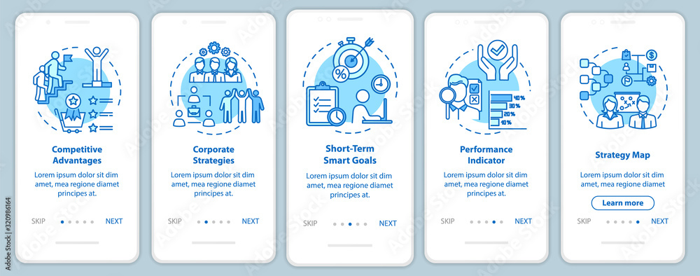 Competitiveness onboarding mobile app page screen with concepts. Corporate job and career. Optimization walkthrough 5 steps graphic instructions. UI vector template with RGB color illustrations