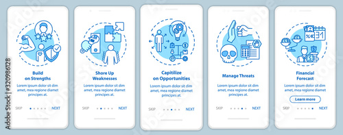 Building up strength onboarding mobile app page screen with concepts. Taking opportunities walkthrough 5 steps graphic instructions. UI vector template with RGB color illustrations