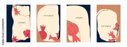 Design of advertising posters, postcards, labels for products from pomegranate. Floral invite thank you, rsvp modern card Design set in red fruit with leaf, flowers branches decorative.