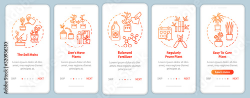 Flowers concern onboarding mobile app page screen with concepts. Feeding plants. Herbal cultivation walkthrough five steps graphic instructions. UI vector template with RGB color illustrations