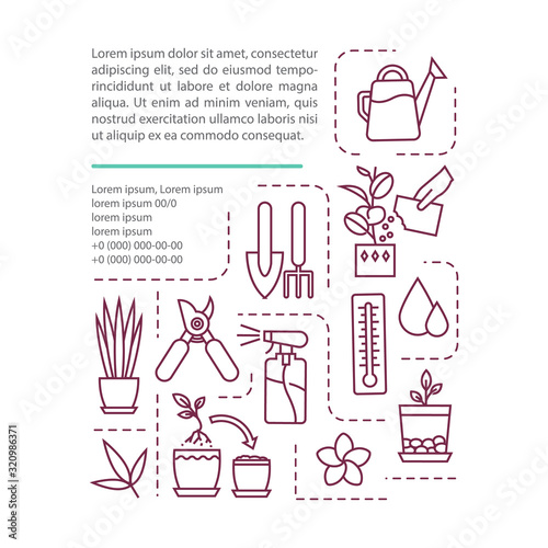 Indoor gardening tools concept icon with text. Drainage, fertilizing, replanting. Pruner, spray bottle. PPT page vector template. Brochure, magazine, booklet design element with linear illustrations