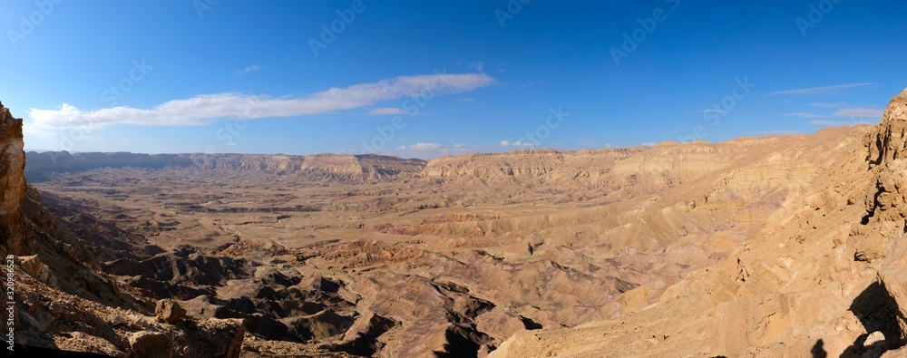 Panoramic view of Makhtesh Hakatan in Negev Desert, Israel.