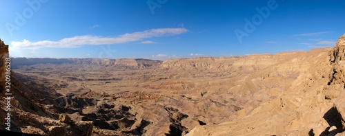 Panoramic view of Makhtesh Hakatan in Negev Desert, Israel.