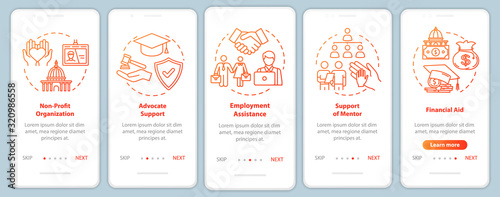 Inclusive society onboarding mobile app page screen with concepts. Social and financial support walkthrough five steps graphic instructions. UI vector template with RGB color illustrations