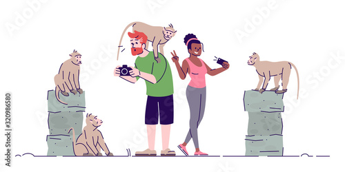Man and woman taking photos of primates flat doodle illustration. Sacred monkey forest. Vacation in tropical country. Indonesia tourism 2D cartoon character with outline for commercial use