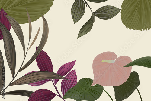 Nature vector background  tropical  leaves and pink flower in dark green tone