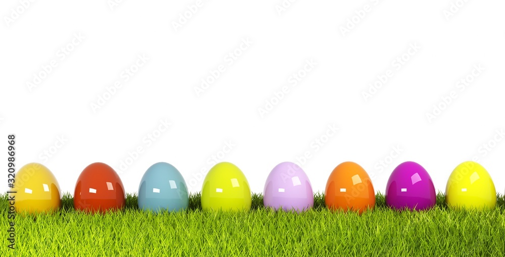 Fototapeta premium Colorful easter eggs in a row on green grass 3d rendering